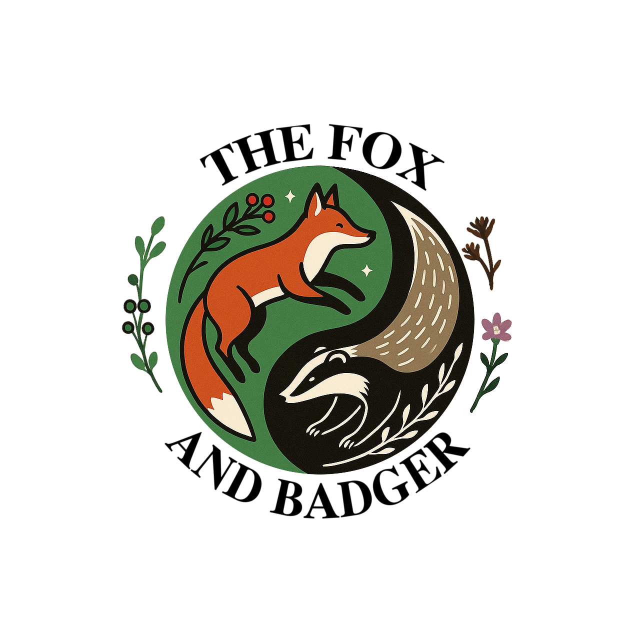 The website logo, a fox and badger circling one another surrounded by plants and flowers.